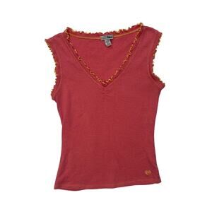 Y2k Lei Pink V Neck T Shirt w Yellow Lettuce Edge Trim